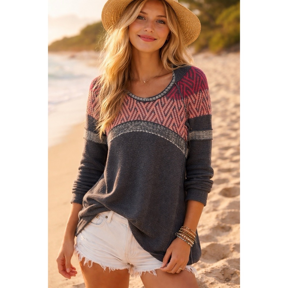 Free People Hooded Sweater Womens m Charcoal Red Fair Isle Geometric Pullover